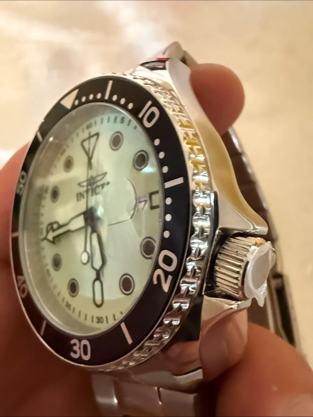 Invicta Men's Silver Case Watch with Black Bezel and Luminous Green Dial